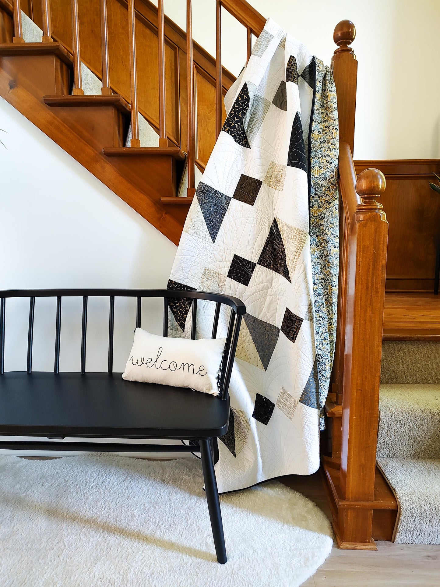 Modern black and gold twin size patchwork quilt