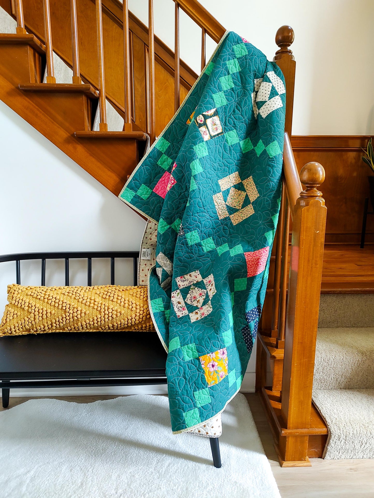 Modern green patchwork throw size quilt