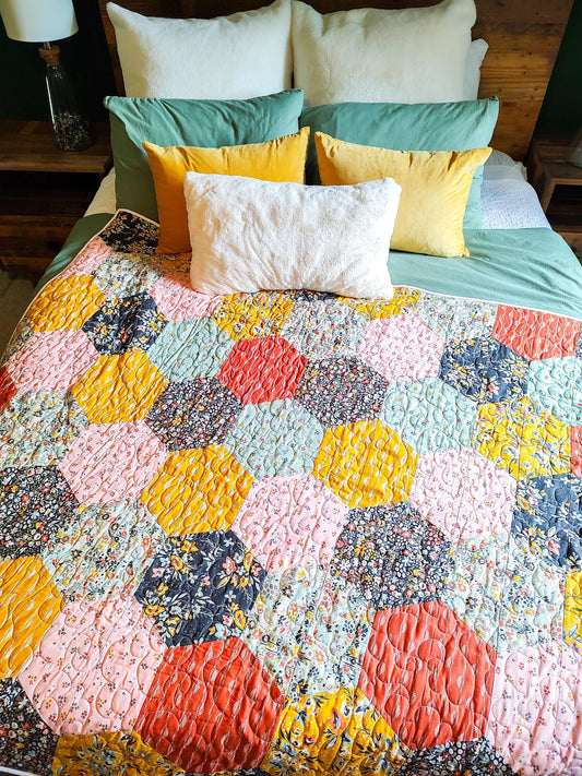 Colorful hexagon throw quilt with minky back