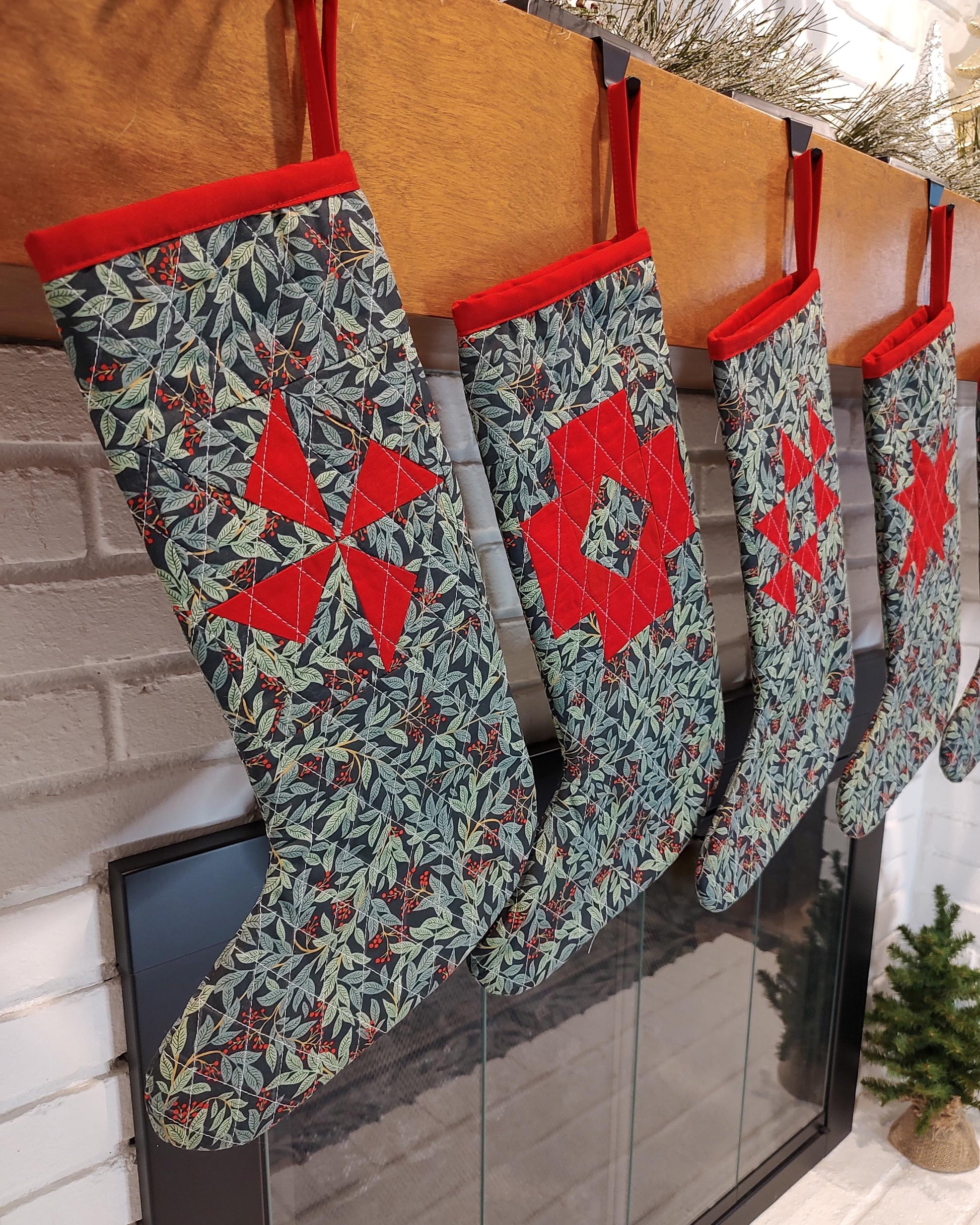 Modern Green and Red Patchwork Quilted Stockings